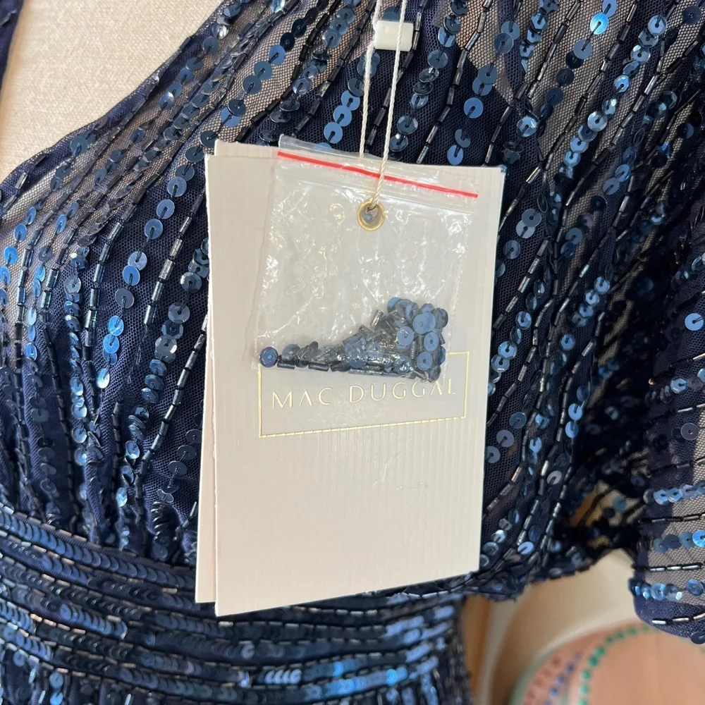 NWT Mac Duggal 14007 Embellished Short Sleeve Empire Waist Dress 6 Blue A-line - Picture 7 of 12